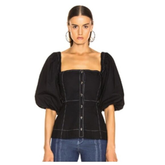 Ganni Slate Top Black Puff Sleeves Size 36 Button Front Blouse %100 Cotton - Picture 1 of 9